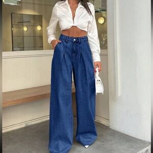 Women's Blue Cotton Wide-Leg Jeans